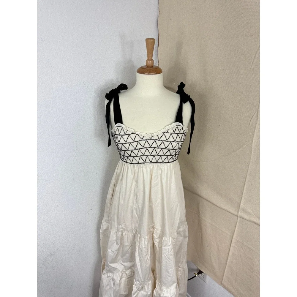 Trixxi Womens Cream Smocked Tiered Midi Dress Black Tie Straps Size M - Picture 2 of 7